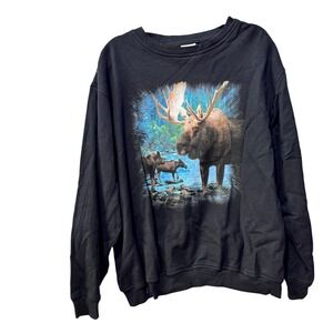 R&R SPORT vintage Mens Black Moose Graphic crewneck‎ Sweatshirt Size 2XL